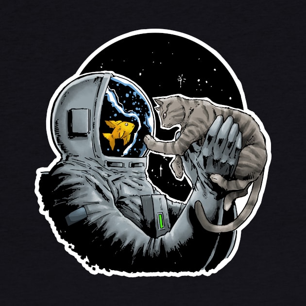 Astronaut - Grey Cat and Fish T-Shirt by SheVibe